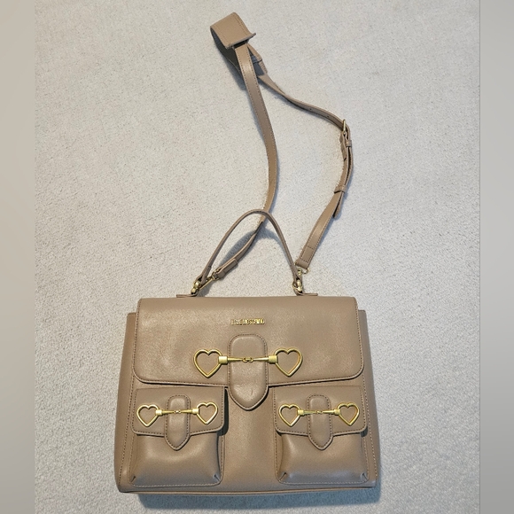 Love Moschino Heart-Bit Top Handle Bag Taupe Nude Leather Luxury Coquette Girl - Picture 2 of 14